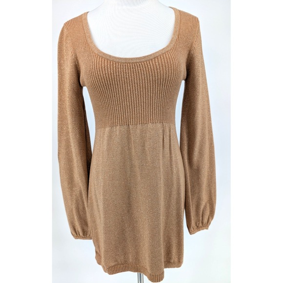 VTG Y2K Charlotte Russe Gold Metallic Babydoll Ribbed Balloon Sleeve Knit Top L - Picture 5 of 15